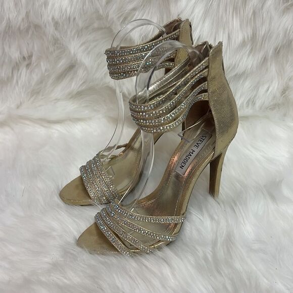 Steve Madden gold shimmer and embellished Strappy heels, size 6 BIN 16 - Picture 2 of 10